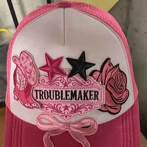 Women’s Custom Made Pink 'Troublemaker' Embroidered Trucker Hat